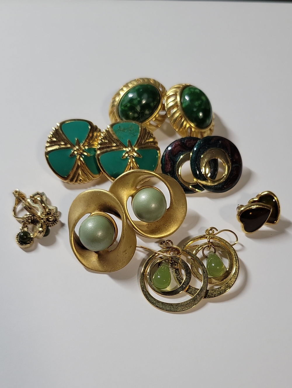 Gold-Tone Green Statement Earrings Lot